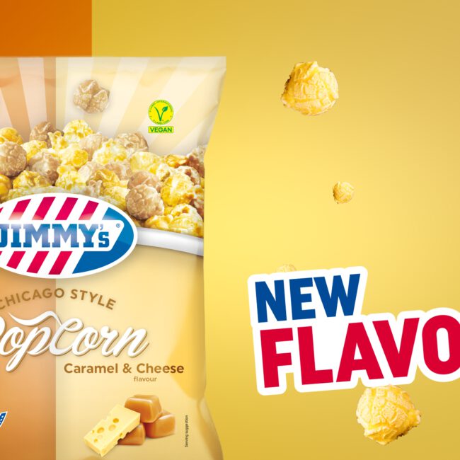 Packshot Jimmy's popcorn productvideo, voor de nieuwe smaak caramel & cheese.